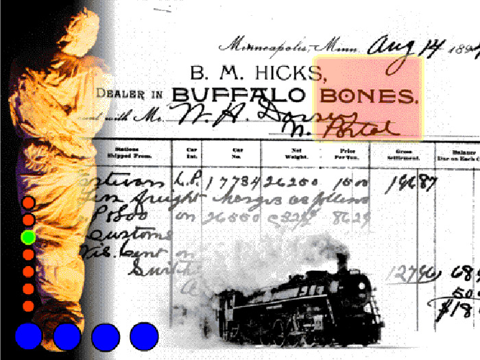 Collage of mummy figure, archival 1890s invoice for buffalo bones, steam locomotive , coloured dots superimposed