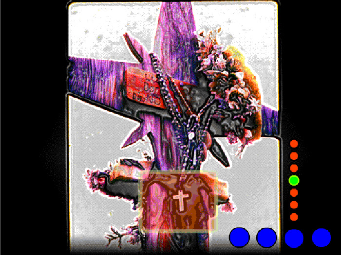 Tinted image of cross gravestone decorated with flowers and cricifix, coloured dots superimposed