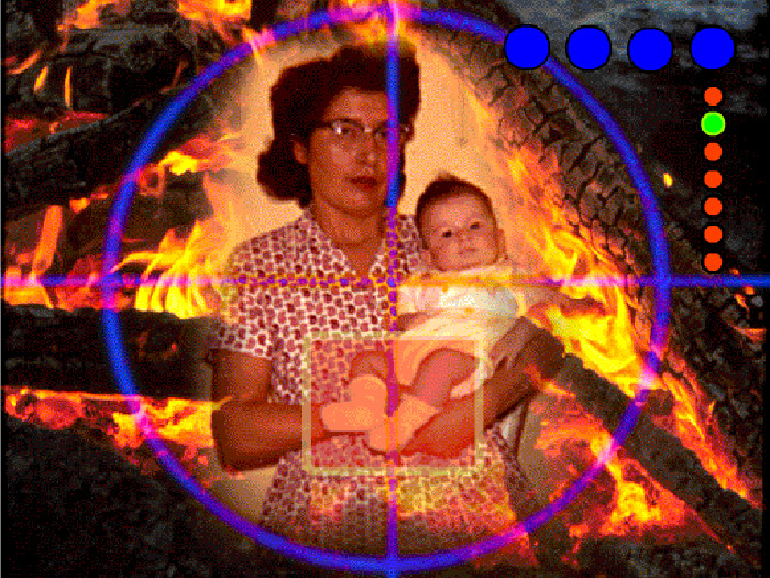 Collage of old photo of woman with baby, bonfire, and crosshairs, coloured dots superimposed