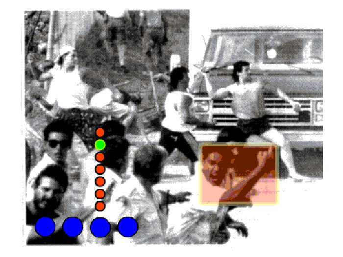 Image of angry men throwing rocks, coloured dots superimposed