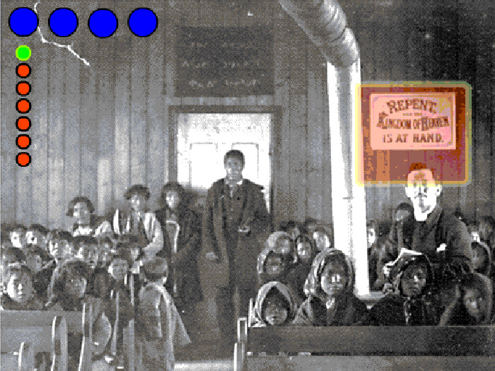 Archival photo of native children in church with preacher, coloured dots superimposed