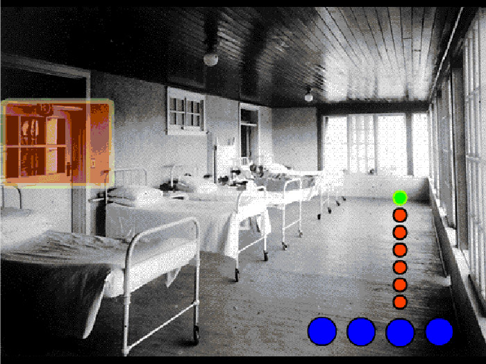 Archival photo of hospital ward row of beds, coloured dots superimposed