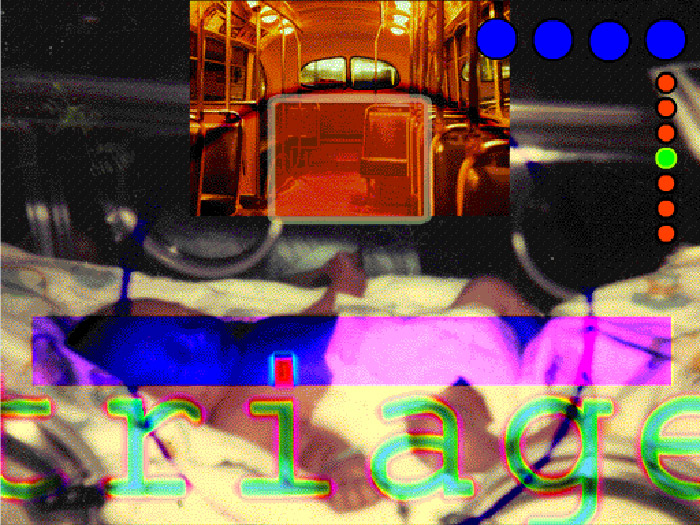 Collage of baby in bassinet, old bus interior with word 'triage' and coloured dots superimposed