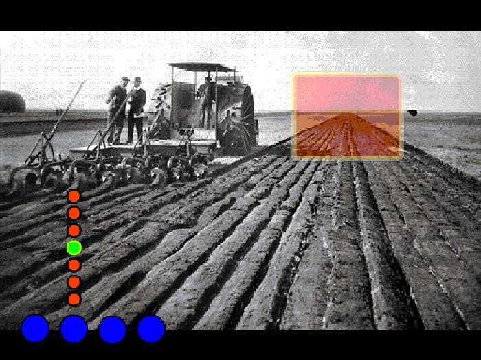 Archival image of steam-powered tractor plowing a field, superimposed coloured dots and translucent orange rectangle