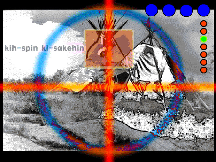 Archival photo of tipis with crosshairs and coloured dots superimposed