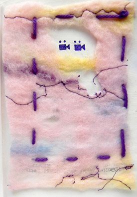 An artwork made with multi-coloured felt sewn to paper with purple yarn